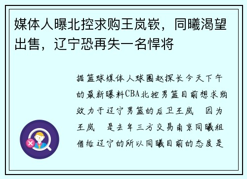 媒体人曝北控求购王岚嵚，同曦渴望出售，辽宁恐再失一名悍将